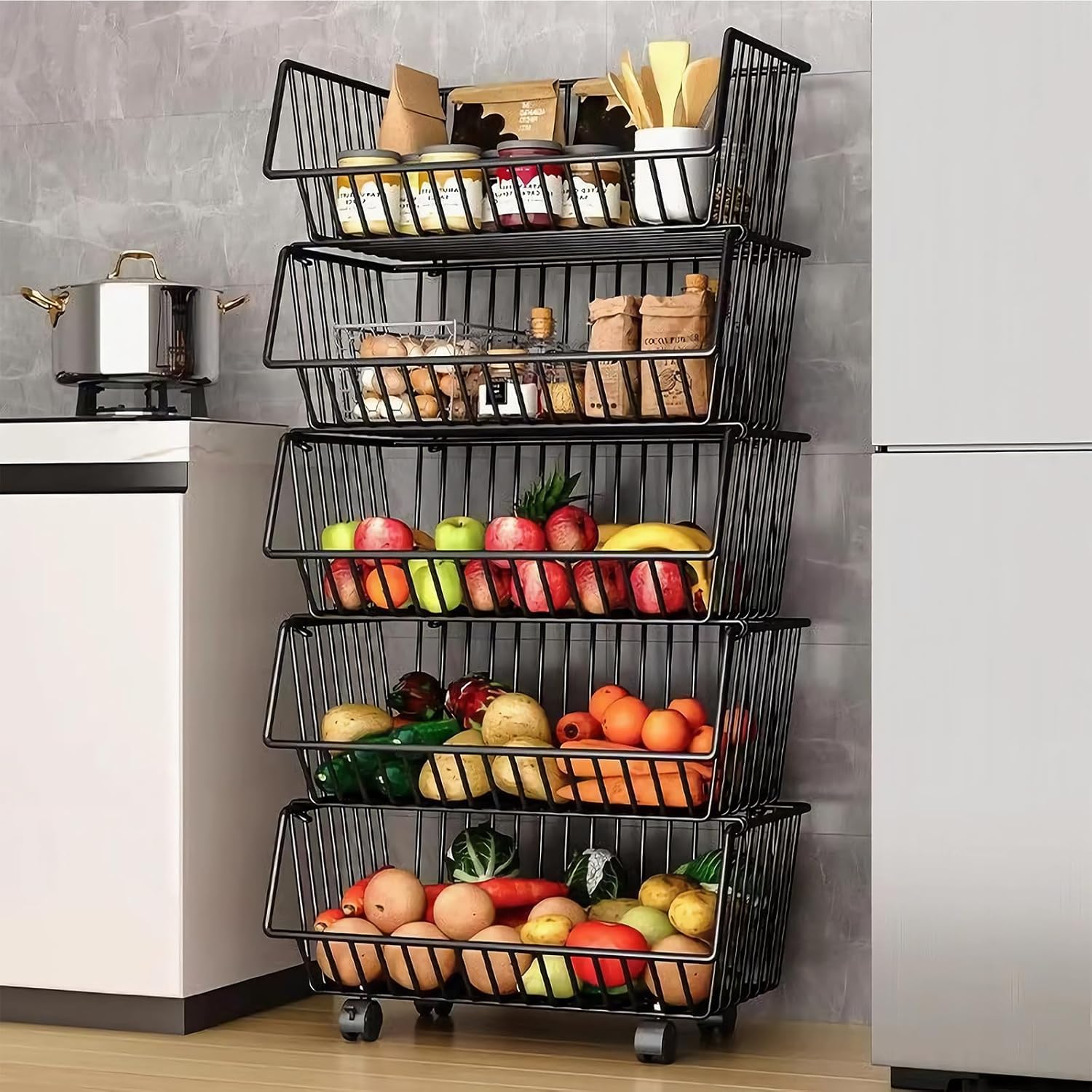 CARLA HOME Metal 5-Tier Rolling Vegetable and Fruit Basket Cart Stand for Kitchen
